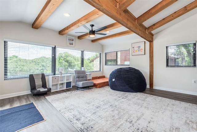 interior space with lofted ceiling with beams, ceiling fan, recessed lighting, wood finished floors, and baseboards