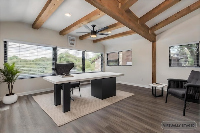 office featuring dark wood-style floors, recessed lighting, lofted ceiling with beams, and baseboards