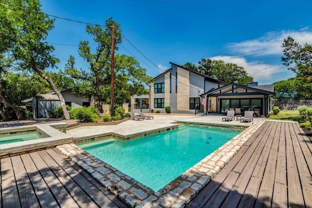 13113 Mansfield Dr, Austin, TX 78732 - outdoor pool with an in-ground hot tub, a patio area, a gazebo, and an outbuilding