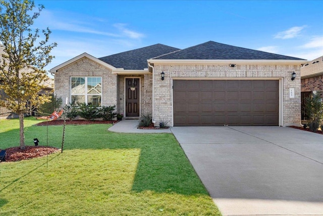 ranch-style house with brick siding, a shingled roof, concrete driveway, a front yard, and a garage