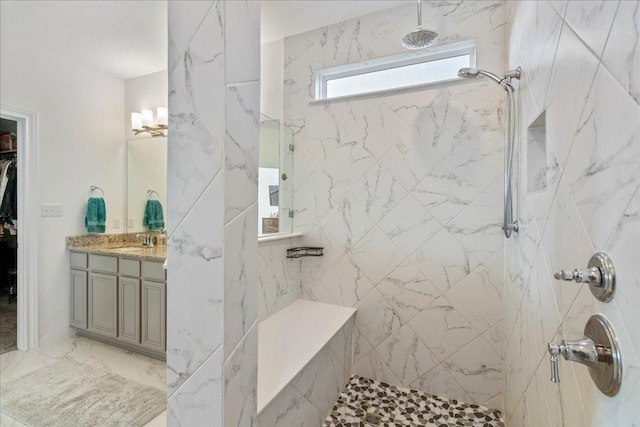 185 Slenderleaf Dr, Marble Falls, TX 78654 - bathroom with vanity, a marble finish shower, and marble finish floors