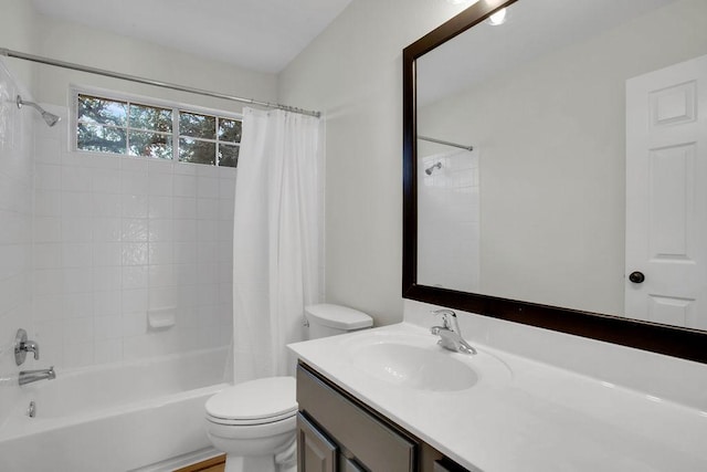 bathroom featuring vanity, toilet, and shower / bathtub combination with curtain