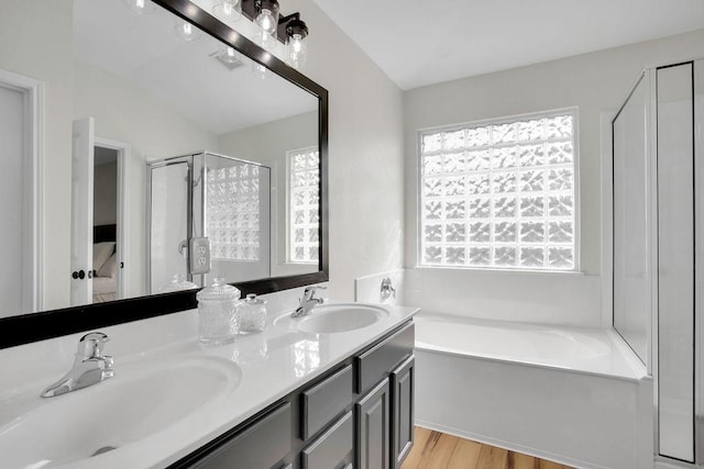 full bath with a stall shower, a garden tub, a sink, and double vanity