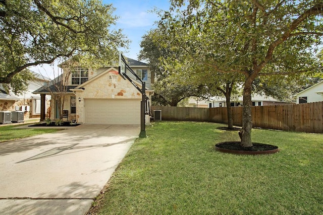 view of front of home featuring stone siding, fence, and a front lawn