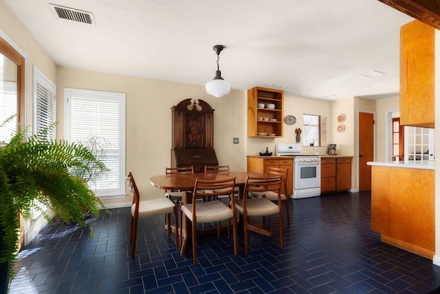 dining room featuring brick floor, baseboards, and visible vents