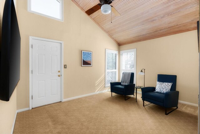 603 N Tumbleweed Trl, Austin, TX 78733 - living area with high vaulted ceiling, wooden ceiling, a ceiling fan, and light carpet