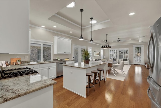 948 Hudson Ln, New Braunfels, TX 78130 - kitchen with a tray ceiling, appliances with stainless steel finishes, open floor plan, crown molding, and a center island