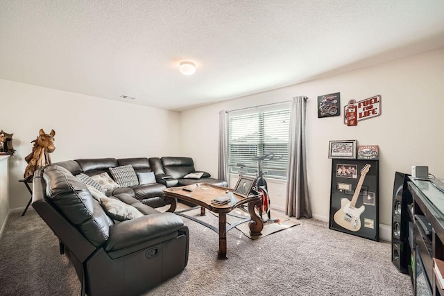 living area with visible vents, a textured ceiling, baseboards, and carpet floors