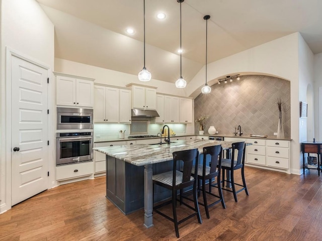 kitchen with tasteful backsplash, a center island with sink, dark wood-style flooring, light stone countertops, and under cabinet range hood