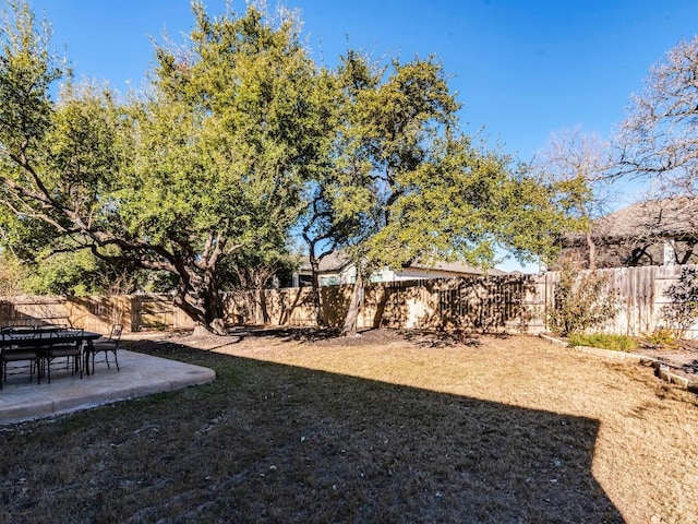 view of yard with a fenced backyard and a patio