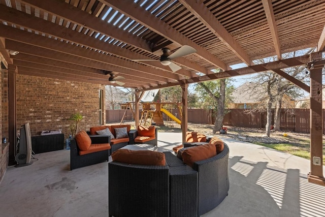 view of patio with a ceiling fan, a fenced backyard, an outdoor hangout area, and a pergola