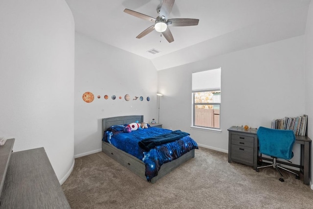 carpeted bedroom with ceiling fan, baseboards, visible vents, and vaulted ceiling