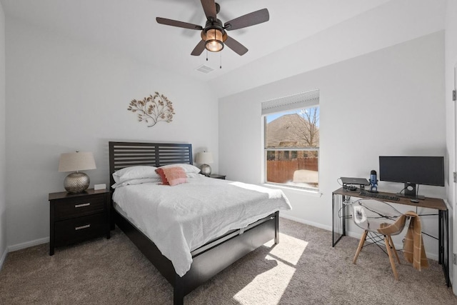 bedroom featuring ceiling fan, visible vents, light colored carpet, and baseboards