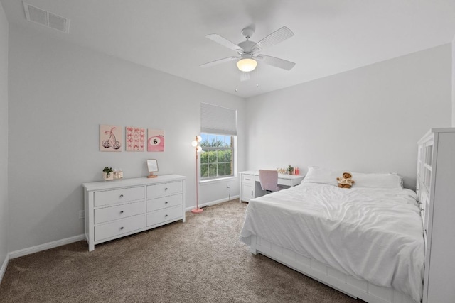 bedroom featuring carpet, visible vents, ceiling fan, and baseboards