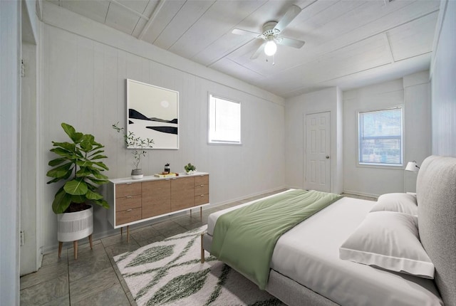 bedroom featuring ceiling fan and multiple windows