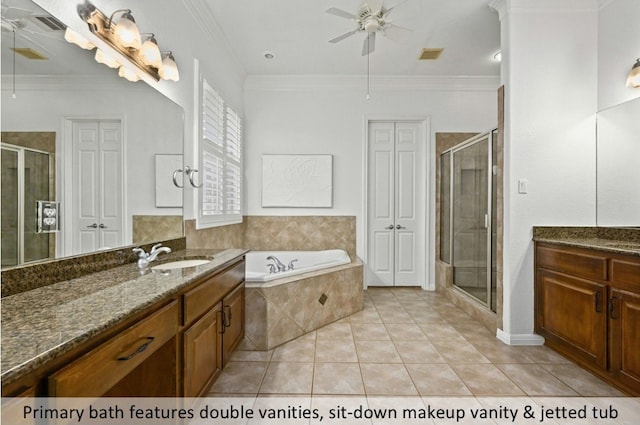 full bathroom with ornamental molding, a stall shower, and visible vents