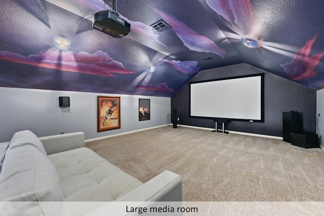 home theater featuring baseboards, visible vents, vaulted ceiling, a textured ceiling, and carpet floors