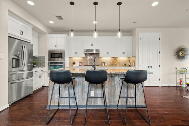 5305 Cardinal Flower Cv, Spicewood, TX 78669 - kitchen with stainless steel appliances, under cabinet range hood, dark wood-style flooring, backsplash, and recessed lighting