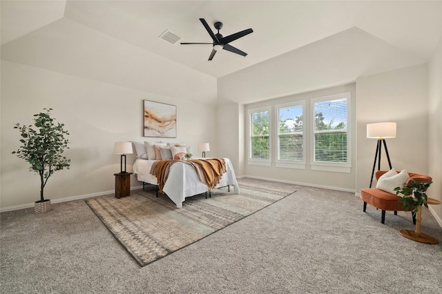 5305 Cardinal Flower Cv, Spicewood, TX 78669 - carpeted bedroom featuring vaulted ceiling, baseboards, and a ceiling fan
