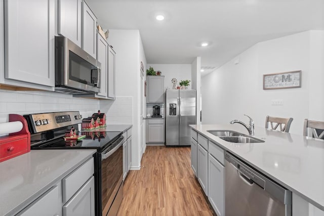 kitchen with gray cabinetry, a sink, appliances with stainless steel finishes, light wood-type flooring, and decorative backsplash