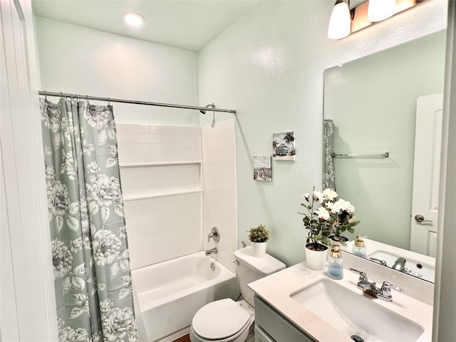 bathroom with vanity, toilet, and shower / tub combo with curtain