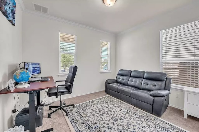 home office with ornamental molding, visible vents, carpet floors, and baseboards