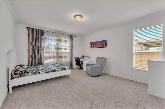 carpeted bedroom featuring ornamental molding