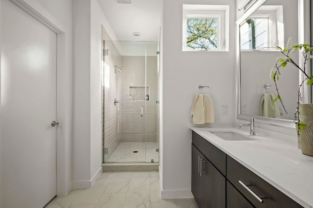 5107 Menchaca Rd Unit 11, Austin, TX 78745 - full bath with marble finish floors, vanity, and a stall shower