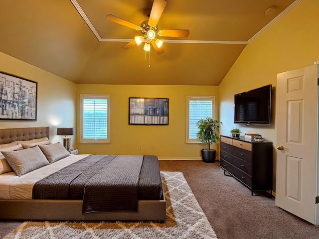 627 Columbine Ave, Cedar Park, TX 78613 - bedroom featuring vaulted ceiling, multiple windows, carpet flooring, a ceiling fan, and baseboards