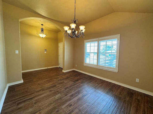 627 Columbine Ave, Cedar Park, TX 78613 - spare room with arched walkways, a chandelier, dark wood-style flooring, lofted ceiling, and baseboards