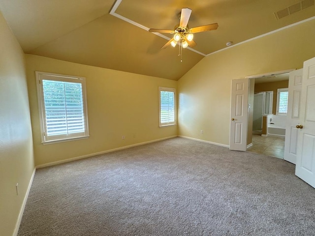 627 Columbine Ave, Cedar Park, TX 78613 - carpeted empty room featuring vaulted ceiling, baseboards, and a ceiling fan