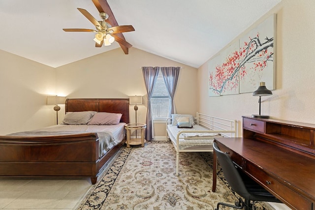 bedroom featuring lofted ceiling with beams, ceiling fan, and baseboards