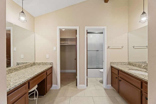 full bathroom featuring lofted ceiling, toilet, bath / shower combo with glass door, vanity, and tile patterned floors