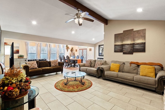 living area with vaulted ceiling with beams, light tile patterned floors, a ceiling fan, and recessed lighting