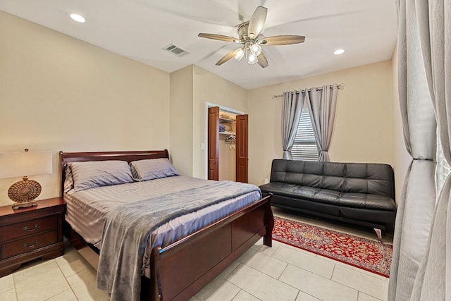 bedroom with recessed lighting, visible vents, ceiling fan, and light tile patterned floors