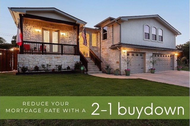 5608 Arroyo Rd, Austin, TX 78734 - view of front of house with stone siding, an attached garage, concrete driveway, and stucco siding