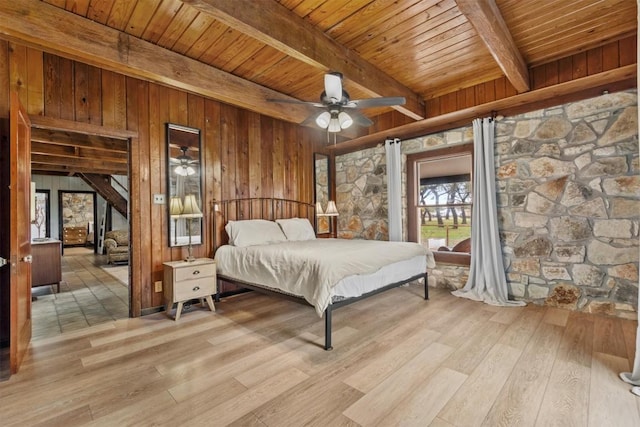 bedroom featuring wood ceiling, beamed ceiling, wood walls, and wood finished floors