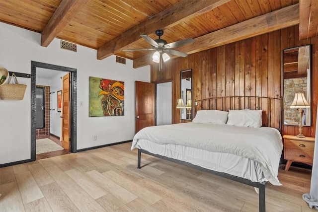 bedroom featuring wooden ceiling, light wood-style flooring, visible vents, and wood walls