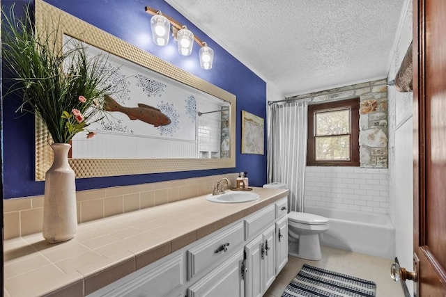 bathroom with toilet, shower / bath combo, a textured ceiling, and vanity