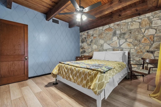 bedroom featuring visible vents, beam ceiling, wooden ceiling, and light wood-style flooring