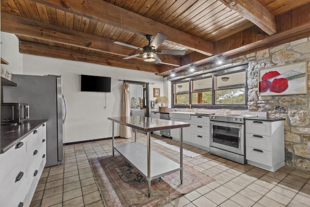 kitchen featuring appliances with stainless steel finishes, wood ceiling, light tile patterned flooring, and white cabinets