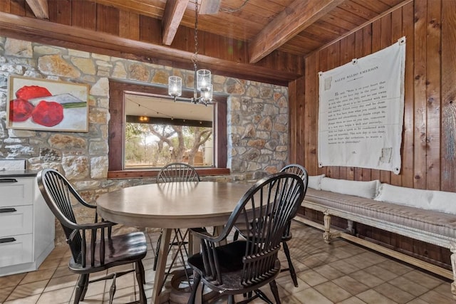 dining space with wooden ceiling, a notable chandelier, beam ceiling, and wood walls