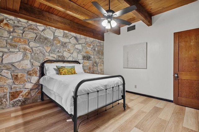 bedroom with visible vents, wood ceiling, light wood-type flooring, beamed ceiling, and baseboards