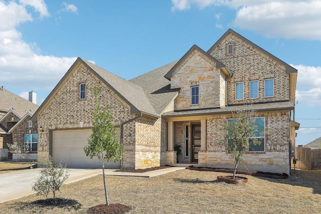 20417 Whimbrel Ct, Pflugerville, TX 78660 - view of front of property featuring concrete driveway, stone siding, a shingled roof, and an attached garage