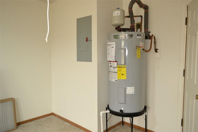 utility room featuring water heater and electric panel