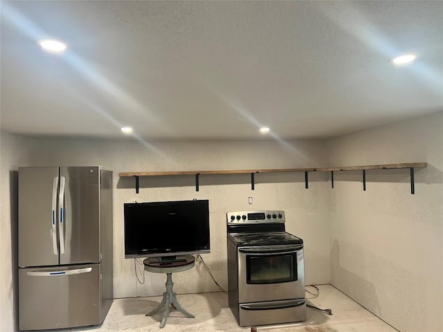 kitchen featuring open shelves, stainless steel appliances, unfinished concrete flooring, and recessed lighting