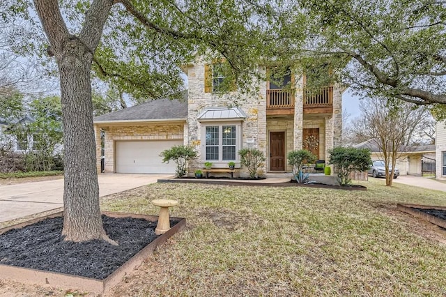 view of front of house with a balcony, a garage, stone siding, driveway, and a front yard