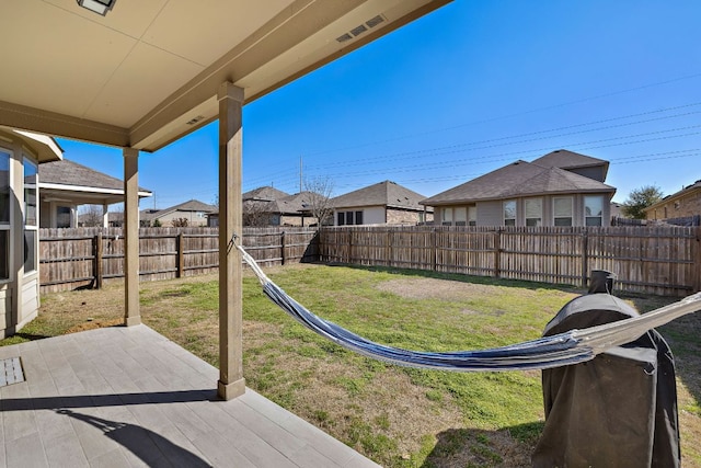 view of yard featuring a fenced backyard and a residential view