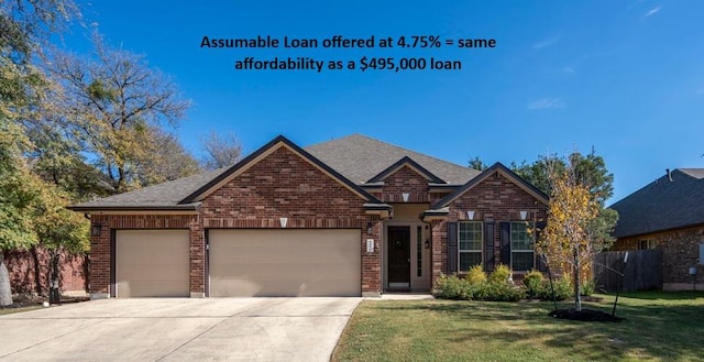 view of front facade with a front lawn, brick siding, and an attached garage