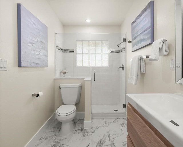 full bathroom with a stall shower, baseboards, toilet, marble finish floor, and vanity